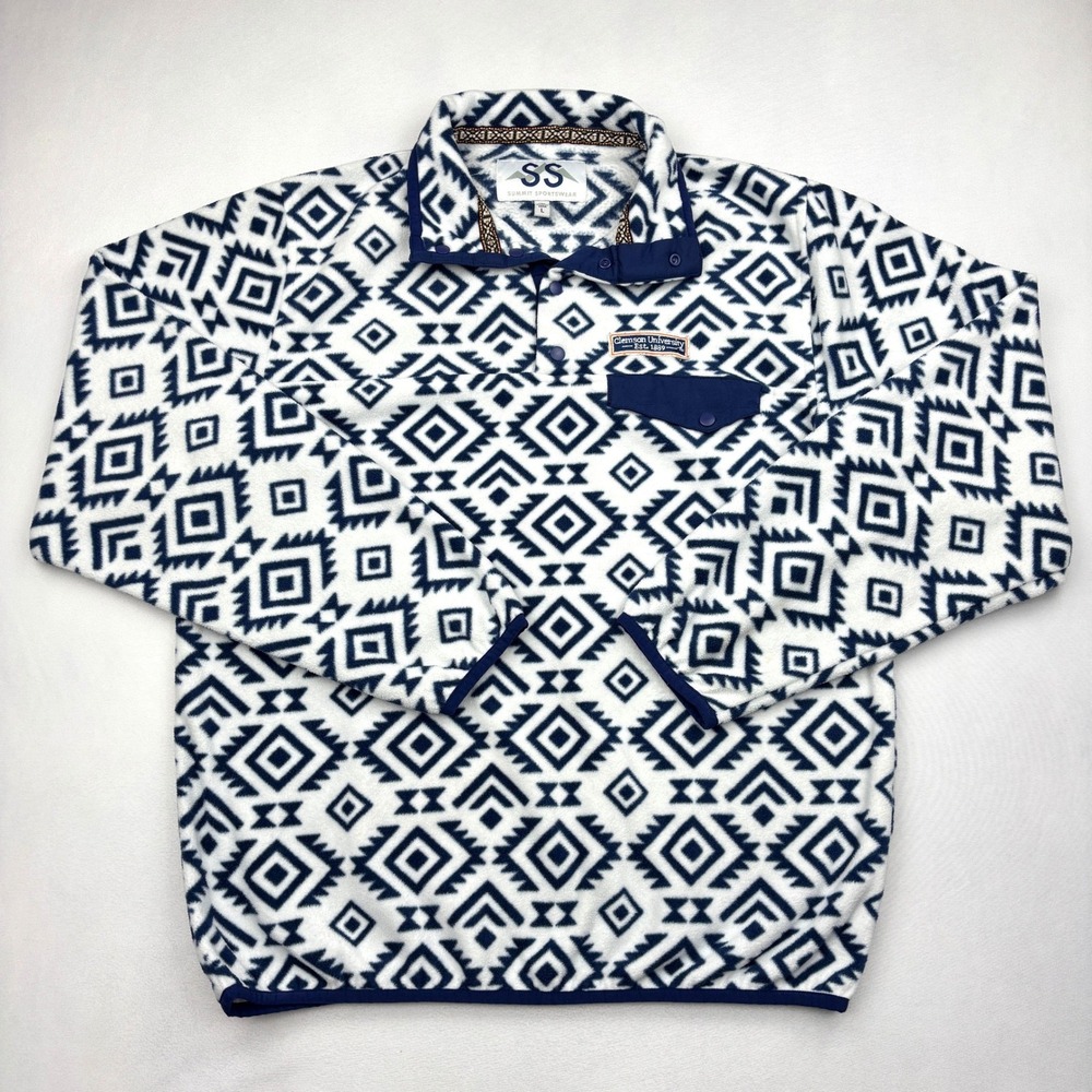 Summit Sportswear Fleece Mens Large White Navy Aztec Clemson University Pullover